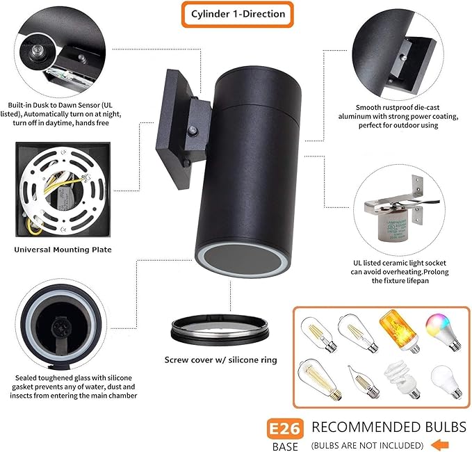 Dusk to Dawn Outdoor Lighting Exterior Lights -ETL Listed Aluminum Anti-Rust Waterproof Wall Mount Cylinder Design 1-Direction Up or Down Light Fixture for PorchPatio or Garage (3 Pack)