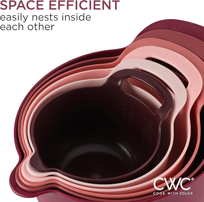 COOK WITH COLOR Nesting Plastic Mixing Bowl Set with Pour Spouts and Handles Rose 6 Piece Non-Slip