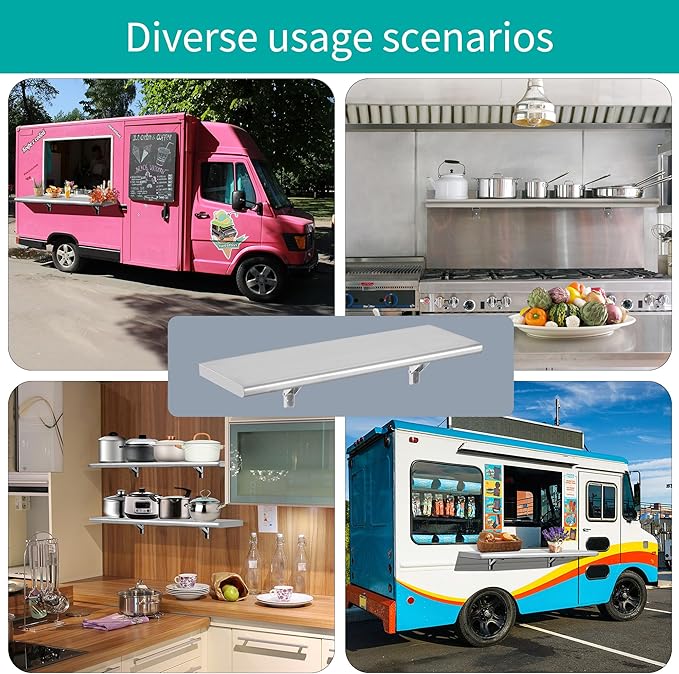 Concession Shelf 36L x 12W22 gauge ASTM 304 Stainless Steel Folding Serving Food Shelf Wall Mount Shelving  Stainless Steel Shelf For Food Truck grill areaBBQ working table Restaurant .NSF