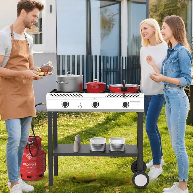 Bonnlo 3 Burner Propane Stove with Inginition 225000BTU Gas Stove with Storage Shelf and Portable Rolling Wheels Gas Burner for Outdoor Camping Patio Backyard Cooking Boiling Frying Stewing