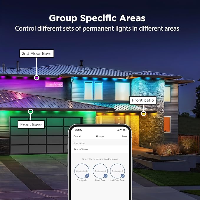 Feit Electric Permanent Outdoor Lights Smart String Lights 100FT LED Lights 2.4GHz WiFi-Enabled Under Eaves Light Works with Alexa and Google Asst App Control Weatherproof SL100-60/RGBTW/AG