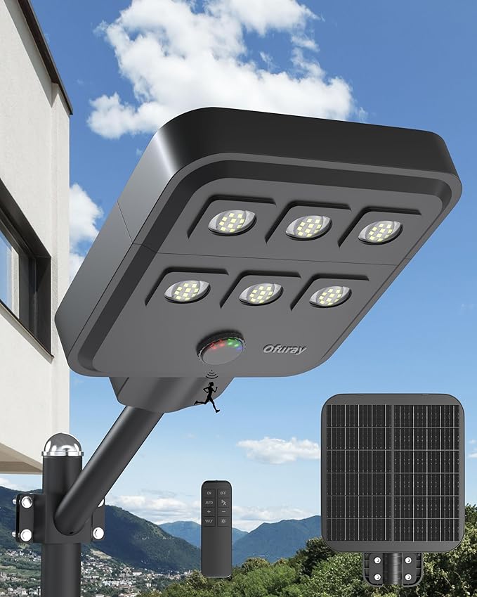 Ofuray Of-5000W Solar Street Lights Outdoor 6500K Commercial Dusk to Dawn Flood Light with Motion Sensor IP67 Waterproof 60LED High Power Security Lighting for Parking Lot Yard