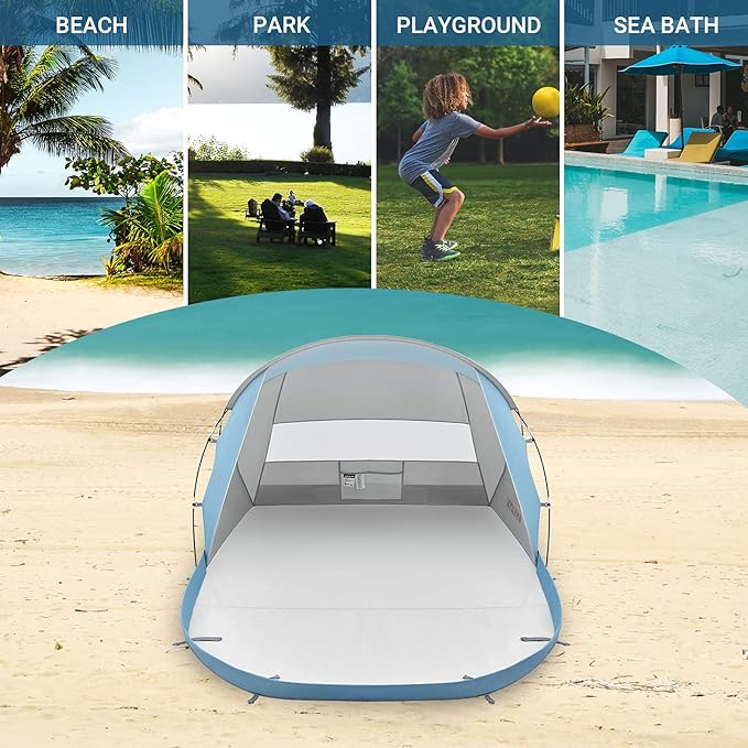 #WEJOY Beach Tent Sun Shelter Windproof Reinforced 9.5mm Frame 4 Person Easy Up Beach Shade UPF 50+ UV Protection Beach Cabana Travel Canopy Portable Sun Shelter for Beach Baby &amp Family