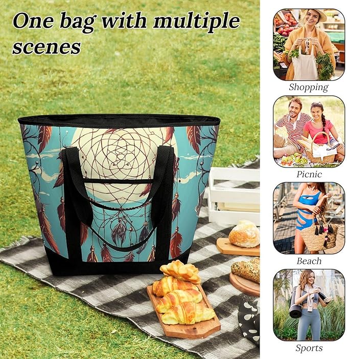 Insulated Shopping BagLarge Reusable Cooler Bags Catch Dream Net Printed Foldable Shopping BagTravel Waterproof Shoulder Bag