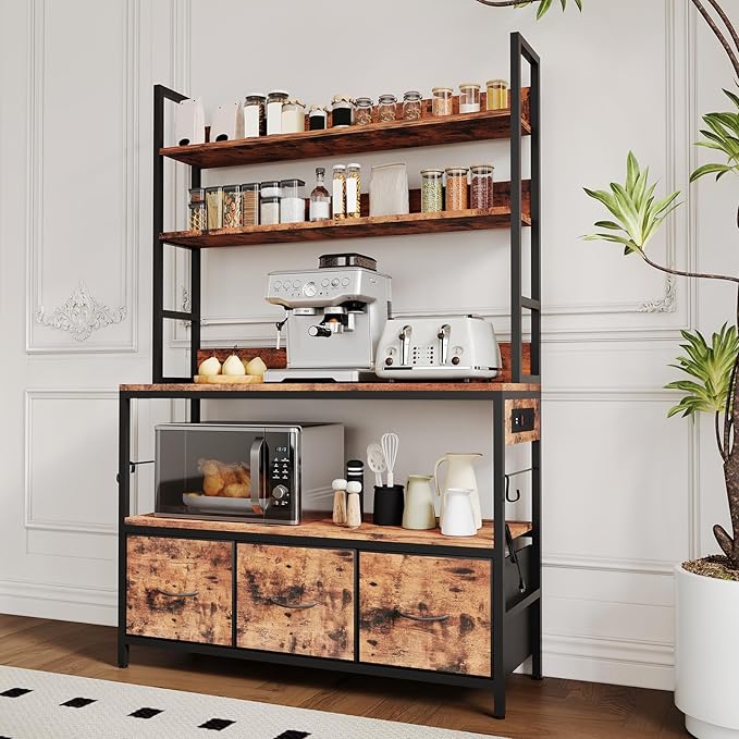 IDEALHOUSE 5 Tier Kitchen Bakers Rack with Charging Station &amp Drawers Industrial Microwave Oven Stand Freestanding Farmhouse Coffee Bar Station Utility Shelves with Hooks Vintage Brown
