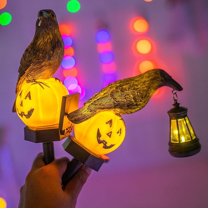 Dazzle Bright 2 Pack Halloween Crow Pathway Lights Outdoor Solar Powered Resin Crow with Pumpkin Walkway Lights Stake Light for Halloween Pathway Garden Lawn Yard Gifts Decoration