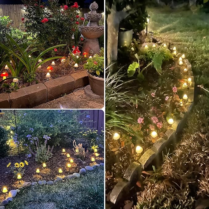 OZS 2PK 32LED 55FT Mushroom Solar Garden Lights Outdoor Solar String Lights Waterproof with 8 Lighting Modes Solar Garden Decor for Outside Pathway Light for Yard Decoration (Warm White)