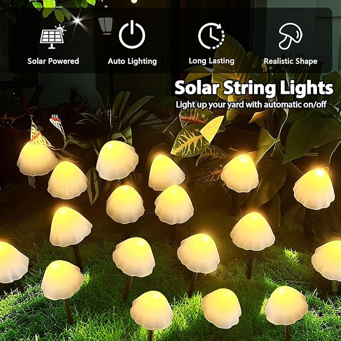 OZS 2PK 32LED 55FT Mushroom Solar Garden Lights Outdoor Solar String Lights Waterproof with 8 Lighting Modes Solar Garden Decor for Outside Pathway Light for Yard Decoration (Warm White)