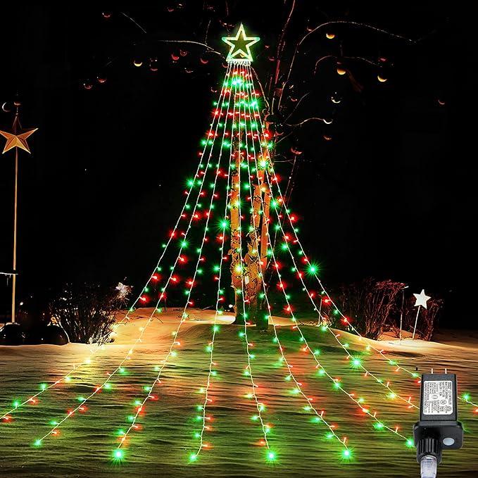 BlcTec Outdoor Christmas Decorations 317 LEDs Christmas Lights with 9 Strands 11.9ft Waterfall Christmas Tree Lights 8 Modes Waterproof Topper Star &amp Timer for Yard Patio Xmas Décor Red Green