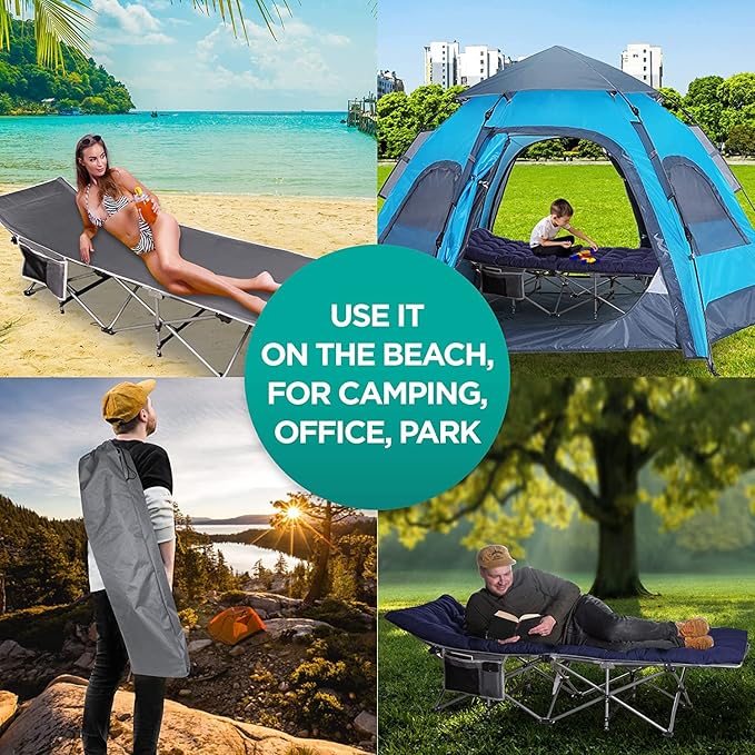 ZONETECH Folding Outdoor Camping Travel Cot and Pad - Premium Quality Lightweight Portable Heavy Duty Adult &amp Kids w/Large Pocket and Cushion (Gray &amp Blue 1-Pack)