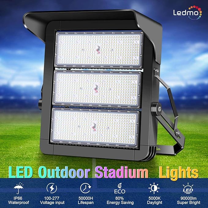ledmo 750W Dimmable LED High Mast Stadium Light Outdoor 90000LM Super Bright Floodlight Commercial 100-277V 5000K Daylight IP66 Adjustable Waterproof Arena Lighting for Sport Court