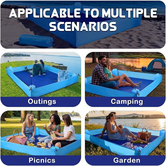 Breling Beach Blanket Waterproof Sandproof 73 x 56 Inch Large Waterproof Beach Blanket Portable Sand Free Picnic Mat with Side Walls 4 Sandbags and Stakes for Family Parks Outdoor Camping Vacation