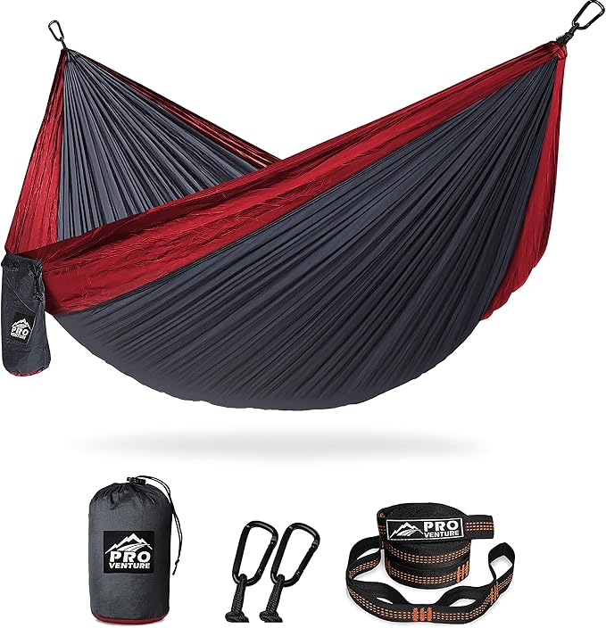 Pro Venture Camping Hammock 500 lb Capacity – Portable Double Hammock with Tree-Friendly Straps and Carabiners Lightweight for Backpacking Hiking Travel Beach Backyard