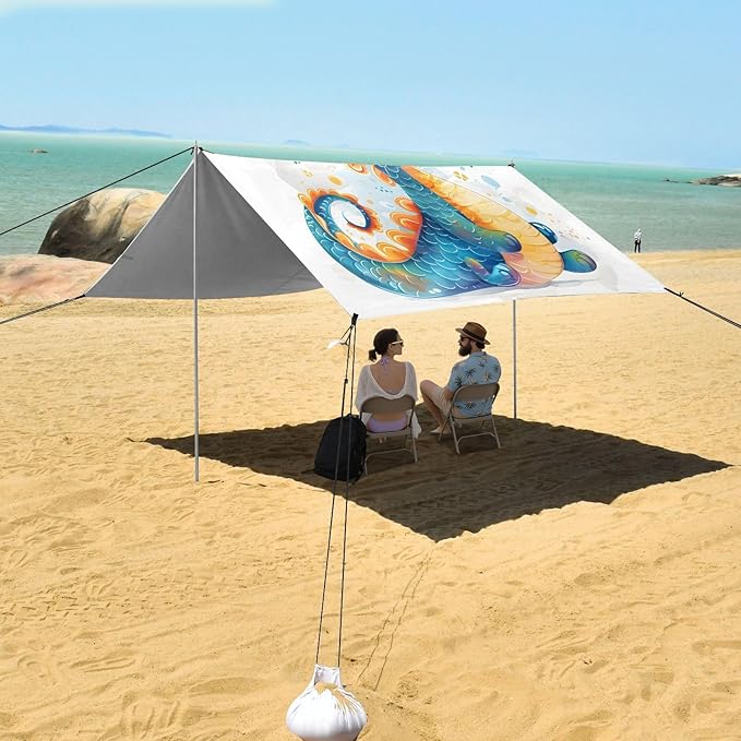 ALAZA Baby Dragon Cartoon Beach Tent Sun Shelter UPF50+ Protection Beach Shade Canopy w/ 4 Sandbags for Outdoor Camping Fishing Backyard Fun Picnic 10x9 ft