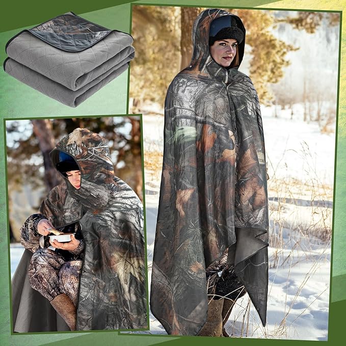VitalCozy 55 x 95 Waterproof Woobie Camo Blanket for Hunting Extra Outdoor Stadium Blankets Sherpa Lining with Hood and Storage Pocket for Deer Duck Hunting Gear Blind Accessories(Bionic Bush Camo)