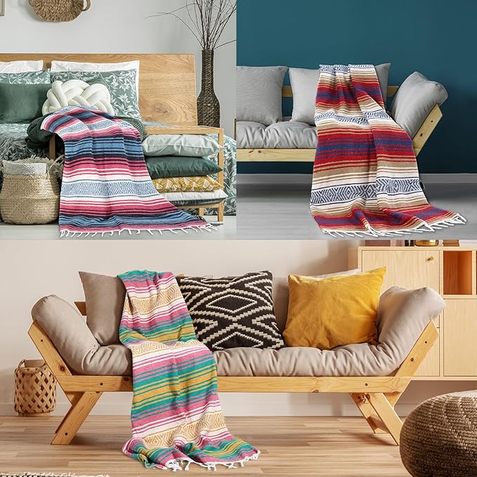 Peryiter 9 Pcs Mexican Blanket Bulk Large Yoga Blanket Striped Falsa with Fringed for Outdoor Beach Picnic Couch 45 x 70 inch(Pastel Colors)