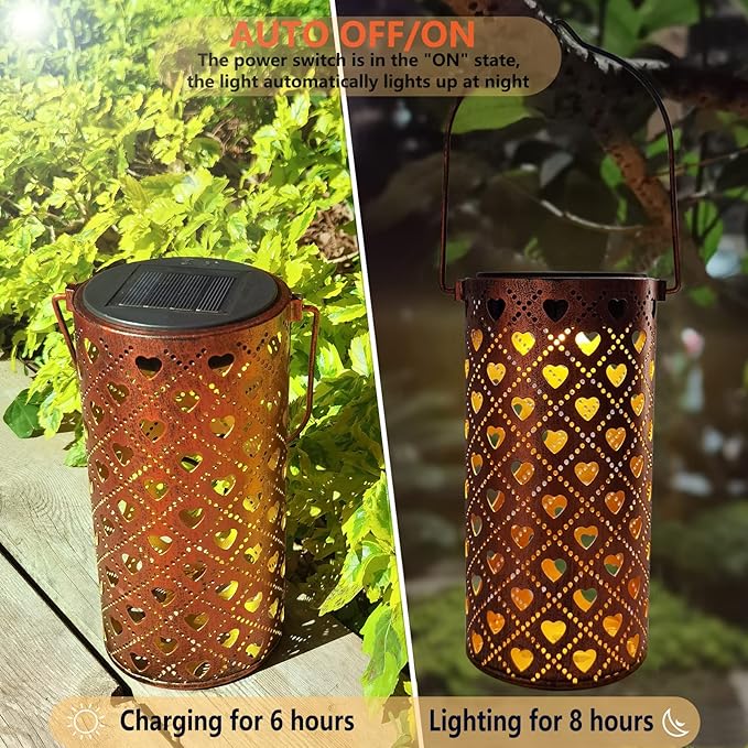 2 Pack Solar Lanterns Outdoor Hanging Heart Pattern Decor LanternWaterproof Hollow Out Metal Decorative Garden LightGraceful Decoration for PatioYardLandscapeWalkwayFestival