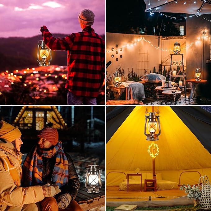 Solar Lantern Outdoor Hanging Solar Lights Flickering Flame LED Vintage Lantern Waterproof Camping Lamps Auto On/Off Landscape Decor for Patio Garden Yard Pathway Porch Rechargeable Lanterns 2Pack