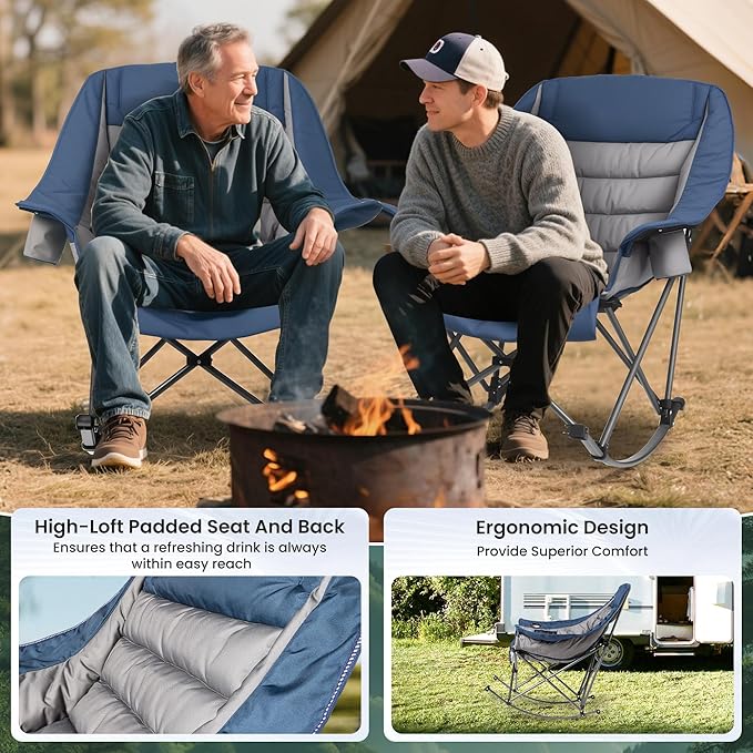 Oversized Rocking Camping Chair for Adults 400LBS Capacity Foldable Outdoor Rocker with Padded Seat Cup Holder Portable Camp Chair for Camping Backyard Patio BeachNavy Blue 1 PCS