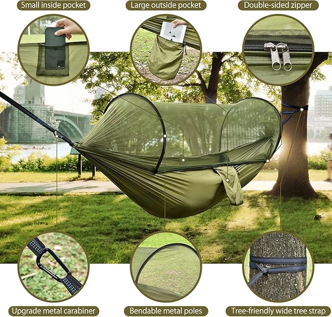 Camping Hammock with Mosquito Net Lightweight Portable Double &amp Single Hammock Tent with 2 Tree Straps Parachute Nylon Hammock for Outdoor Backpacking Beach Backyard Patio Hiking Arm Green
