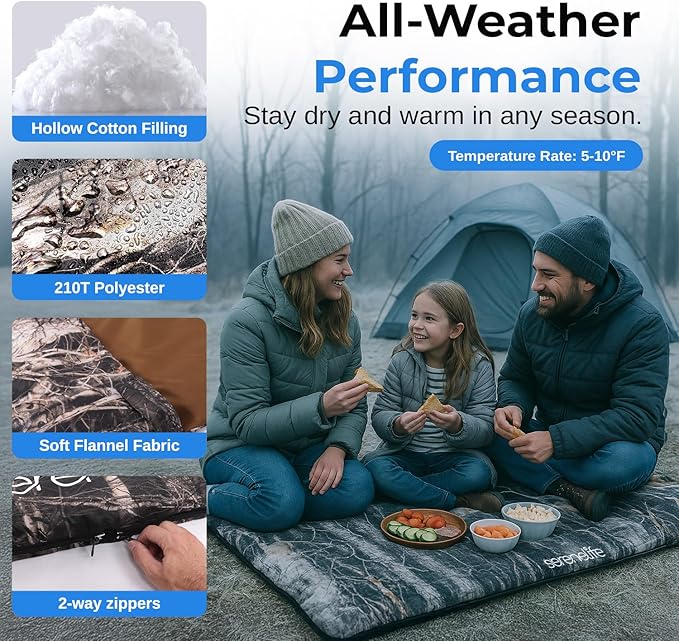 SereneLife Double Sleeping Bag with Pillows Waterproof &amp Detachable for 2 Single Bags Lightweight &amp Warm Perfect for Camping Hiking Backpacking and Cold Weather Suitable for Temperature