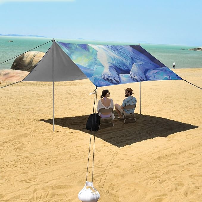 ALAZA Arctic Wolf Beach Tent Sun Shelter UPF50+ Protection Beach Shade Canopy w/ 4 Sandbags for Outdoor Camping Fishing Backyard Fun Picnic 10x9 ft