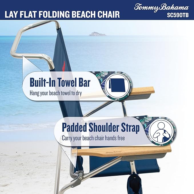 Tommy Bahama 5-Position Lay Flat Cup Holder and Towel Bar Beach Chair