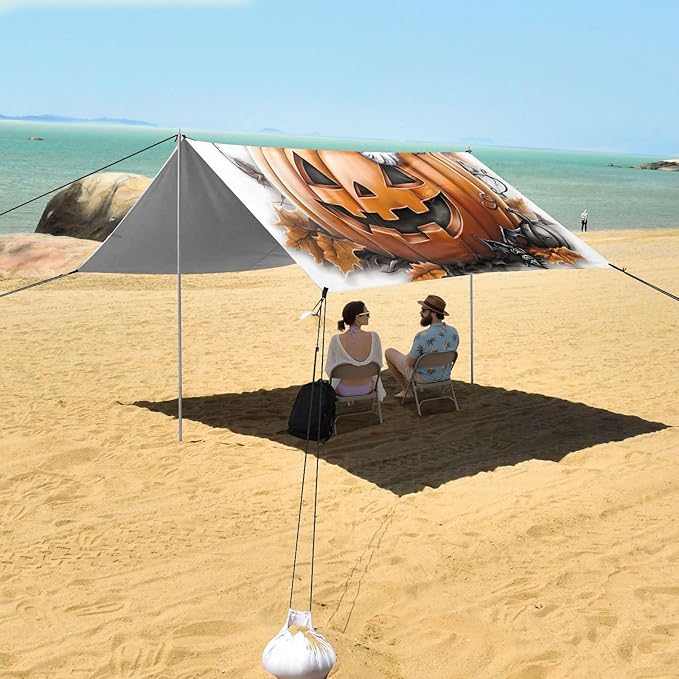 ALAZA Pumpkin Cat Bat Halloween Beach Tent Sun Shelter UPF50+ Protection Beach Shade Canopy w/ 4 Sandbags for Outdoor Camping Fishing Backyard Fun Picnic 10x9 ft