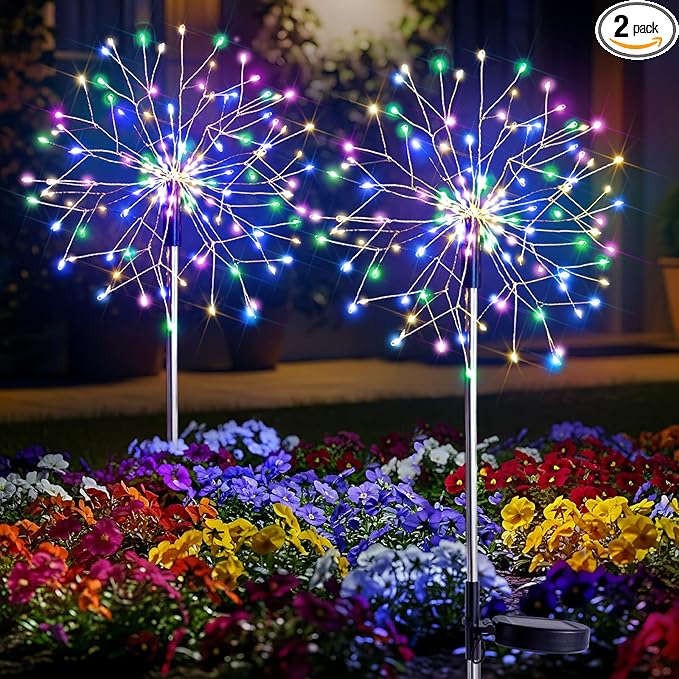 suddus Solar Garden Lights Outdoor Waterproof Decorative 2Pack 150LED Firework Lights 8 Modes Multicolor Solar Fairy Light for Yard Patio Pathway Flowerbed Party Wedding Decor