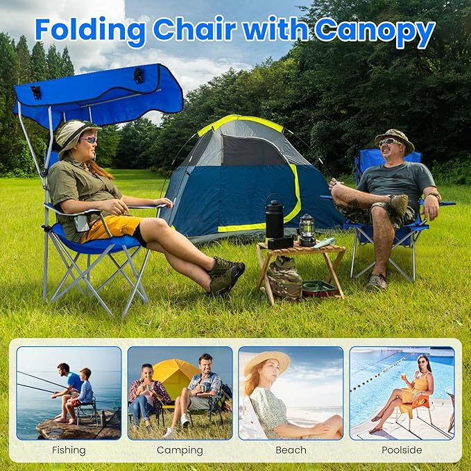 Camping Chair with CanopyOutdoor Folding Chair with Adjustable Shade &amp Cup Holder Heavy Duty Beach Chair for Adult Portable Camping Recliner Support 331 LBS