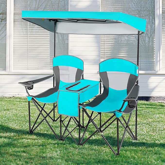 GYMAX Double Camping Chair Beach Chair with Canopy Shade Adjustable UV Protection Cooler Cup Holder &amp Carry Bag Folding Portable Lawn Soccer Camp Chair with Umbrella for Adults (Navy 2 Perso