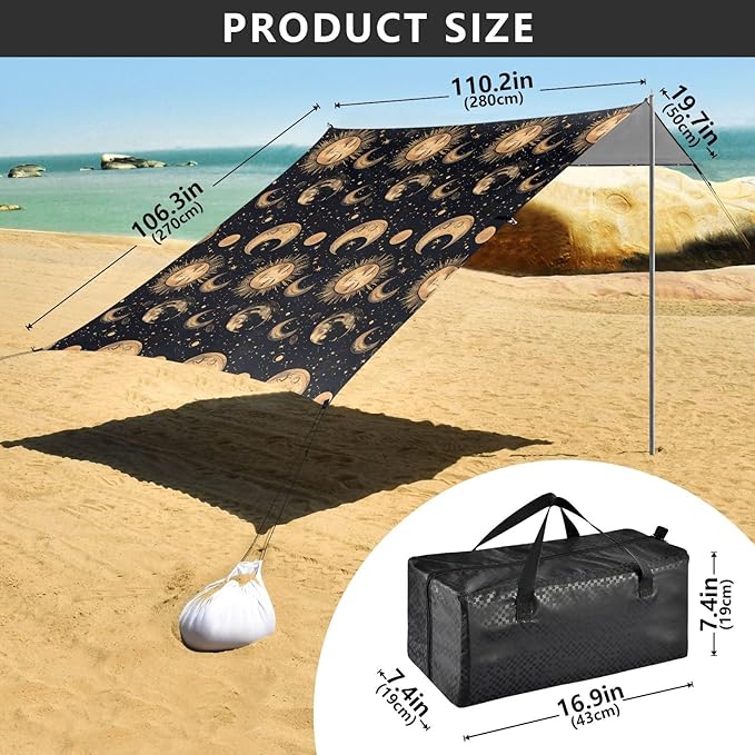 ALAZA Golden Sun Moon Beach Tent Sun Shelter UPF50+ Protection Beach Shade Canopy w/ 4 Sandbags for Outdoor Camping Fishing Backyard Fun Picnic 10x9 ft