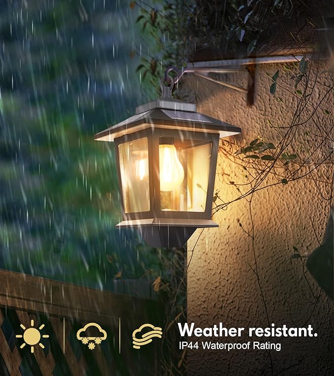 PASAMIC 2 Pack Solar Wall Lanterns with Replaceable BulbOutdoor Hanging Lights with 4 Solar PanelsDusk to Dawn Led Outdoor Wall Sconce Anti-Rust Waterproof Lanterns with Hooks3000K Warm White