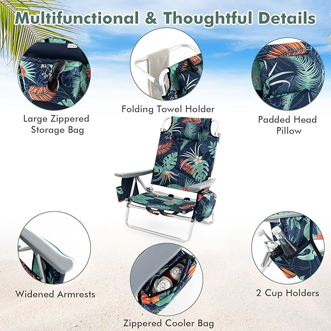 Backpack Beach Chair 5 Position Adjustable Camping Chairs with Head Pillow Cooler Bag Towel Bar Cup Holders Portable 2-Pack Folding Beach Chairs for Adults (Without Table Floral Pattern)