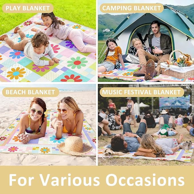 Daisy Picnic Blankets Waterproof Foldable 60″X80″ Packable Picnic Mat Sunflower Outdoor Blanket for Grass Large Beach Blanket Sandproof Picnic Accessories for Camping Music Festival Park Lawn Travel