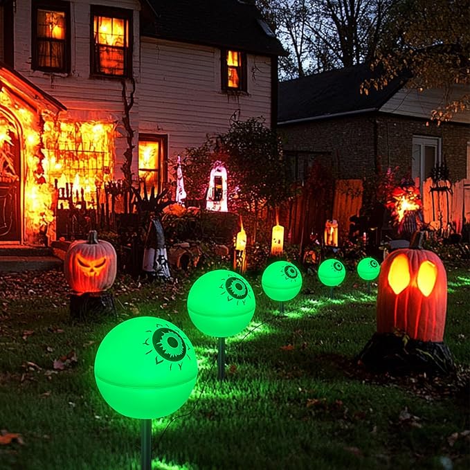 Solar Halloween Lights Waterproof Decorations 5 Pack Solar Globe Lights for Garden Decorations Outdoor Ghost Scary Eyeball Pathway Decor for Christmas Tree Garden Lawn Yard (Green&ampRed)