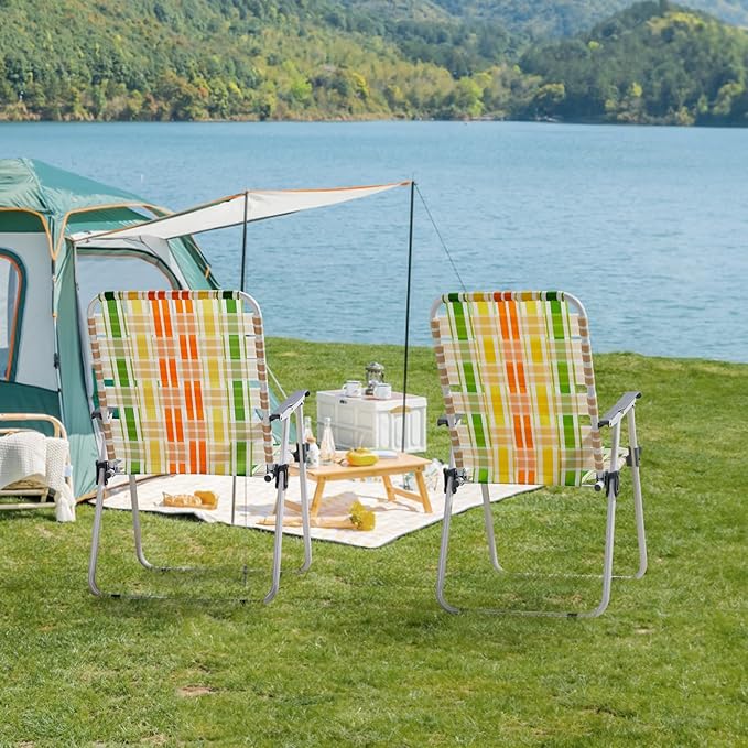 Bonnlo Foldable Patio Chair Set of 2 Heavy-Duty Steel Frame Supports 265 lbs/120 kg Ultra-Lightweight Portable for Travel Poolside Camping Beach (Green and Yellow Crisscross Weave)