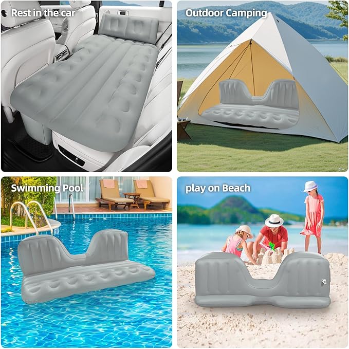 BEBAS Inflatable Car Air Mattress for Back Seat &amp SUV - All-in-One Design with Built-in Pump &amp Pillow Quick 1-Key Inflation/Deflation Comfort Portable Bed for Camping Travel Trucks | Gray