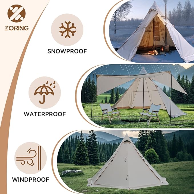 Hot Tent with Stove Jack 4 Season 3-4 Person Tipi Tent for Camping 8.2ft Standing Room with Snow Skirt Cold Weather Shelter for Family Fishing Hiking Hunting Backpacking