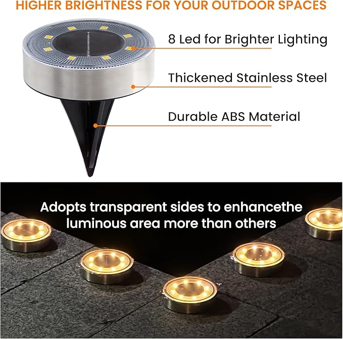 Siatom Stainless Steel Solar Ground Lights 8 Pack IP68 Waterproof Solar In-Ground Light for Outdoor Flat Landscape Lighting Garden Disc Light for Pathway Walkway and Yard - 8 Pcs (Warm White)
