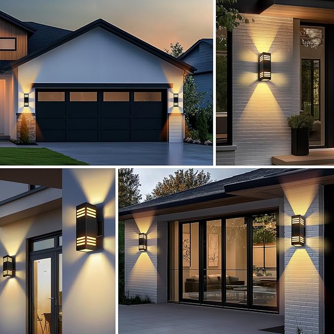 2-Pack Modern Outdoor Wall Lights IP65 Waterproof Up &amp Down Porch Light Fixtures with E26 Bulbs Aluminum Wall Sconces for Garage Patio Entryway 2700K Warm Light