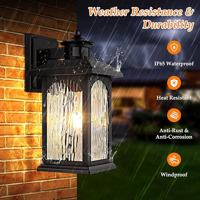 Motion Sensor Outdoor Wall Lantern Updated Dusk to Dawn Outdoor Lighting Exterior Light Fixtures Black Porch Lights &amp Outside Wall Sconces with Water Rippled Glass for Patio Garage Entryway Hou