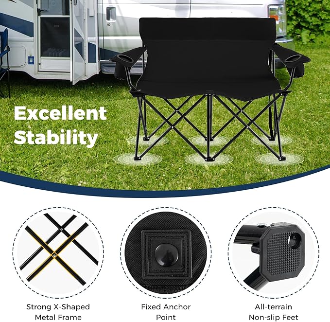 Tangkula 2 Person Camping Chair Outdoor Folding Camp Chair Loveseat with Cup Holders Armrests Carrying Bag Portable Heavy Duty Lawn Chair for Beach Picnic Fishing Travel (2-PersonBlack)