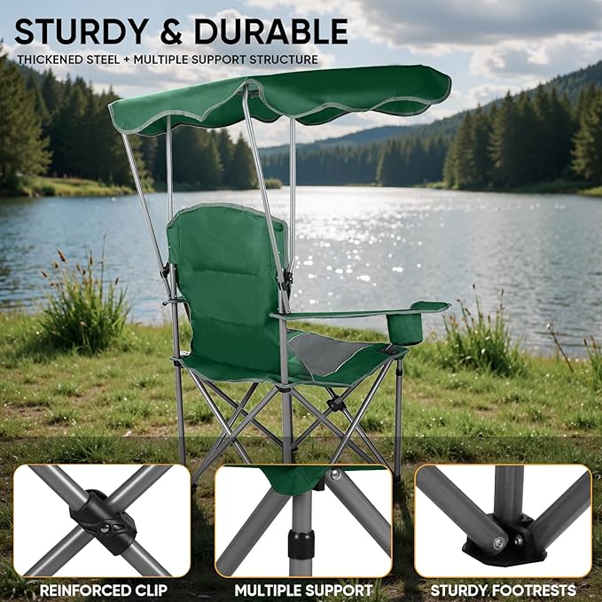 Northroad Folding Camping Chairs with Canopy Shade Beach Chair w/Cup Holders Armrests &amp Carry Bag for Outdoors Travel Sports Fishing Green