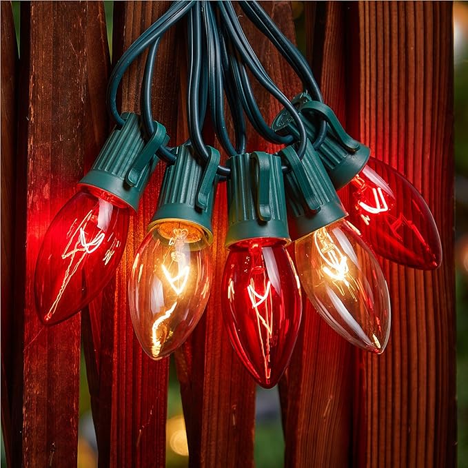 Minetom C9 Red &amp Clear Christmas String Lights 25FT 25 Blubs Bright &amp Warm Outdoor Christmas Lights Long Life C9 String Lights for Tree Patio Gazebo Wreath Green