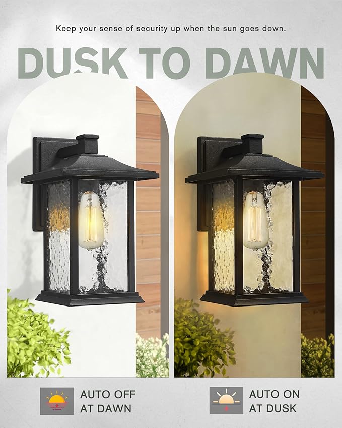 Beionxii Outdoor Light Fixture 14 inch Dusk to Dawn Exterior Wall Mount Lantern Outside Lights for House Patio Black Cast Aluminum w/Water Glass - A272W-1PK