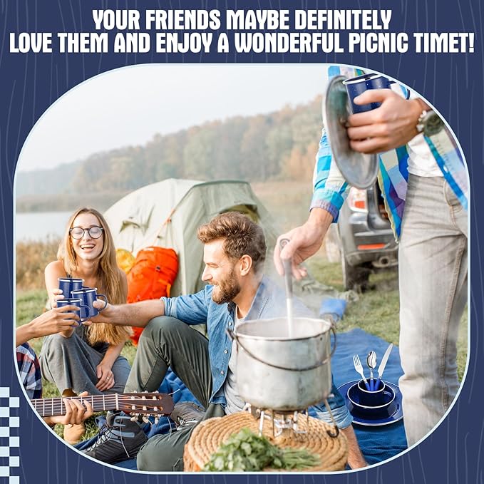 LemonRoad 9 Pcs Enamel Camping Cutlery Set Includes Bowls Mugs Plate Knife Fork Dishwashing Sponge Utensil Bags and Storage Straps Lightweight Tableware for Backpacking Camping Hiking Picnics