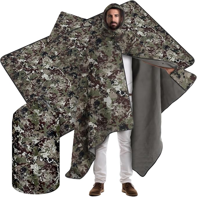 VitalCozy 55 x 95 Waterproof Woobie Camo Blanket for Hunting Extra Outdoor Stadium Blankets Sherpa Lining with Hood and Storage Pocket for Deer Duck Hunting Gear Blind Accessories(Camo)