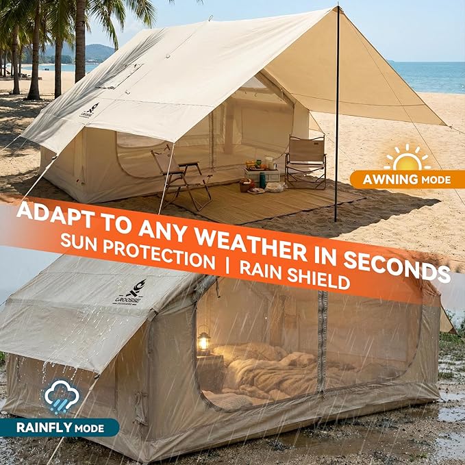 4 Person Inflatable Tent with Stove Jack &amp Canopy 4 Season Glamping Air Tent with Panoramic Skylight AC &amp Power Port Waterproof Blow Up Tent House for Camping Easy Setup