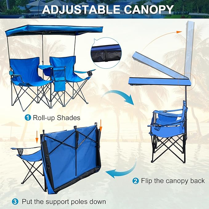 Double Beach Chair with Canopy Shade Heavy Duty Camping Chairs with Cup Holder Folding Loveseat for Outside Lawn